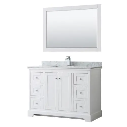 Wyndham Collection Avery 48-in White Single Sink Bathroom Vanity with White Carrara Marble Top, Mirror Included, photo 4 of 12