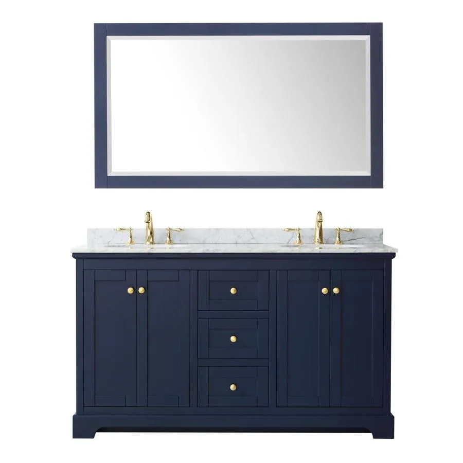 Wyndham Collection Avery 60-in Dark Blue Double Sink Bathroom Vanity with White Carrara Marble Natural Marble Top (Mirror Included), photo 2 of 8