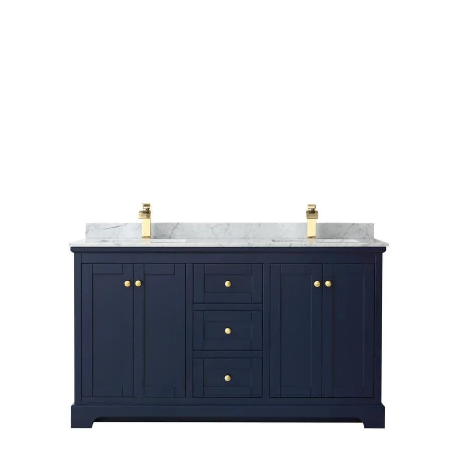 Wyndham Collection Avery 60-in Dark Blue Double Sink Bathroom Vanity with White Carrara Marble Top, Brushed Gold Hardware, photo 2 of 6