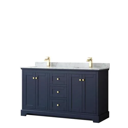 Wyndham Collection Avery 60-in Dark Blue Double Sink Bathroom Vanity with White Carrara Marble Top, Brushed Gold Hardware, photo 3 of 6