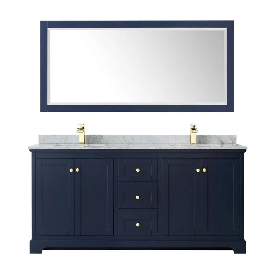 Wyndham Collection Avery 72-in Dark Blue Double Sink Bathroom Vanity with White Carrara Marble Top, Mirror Included, photo 2 of 11
