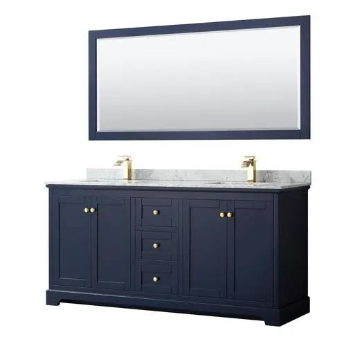 Wyndham Collection Avery 72-in Dark Blue Double Sink Bathroom Vanity with White Carrara Marble Top, Mirror Included, photo 4 of 11