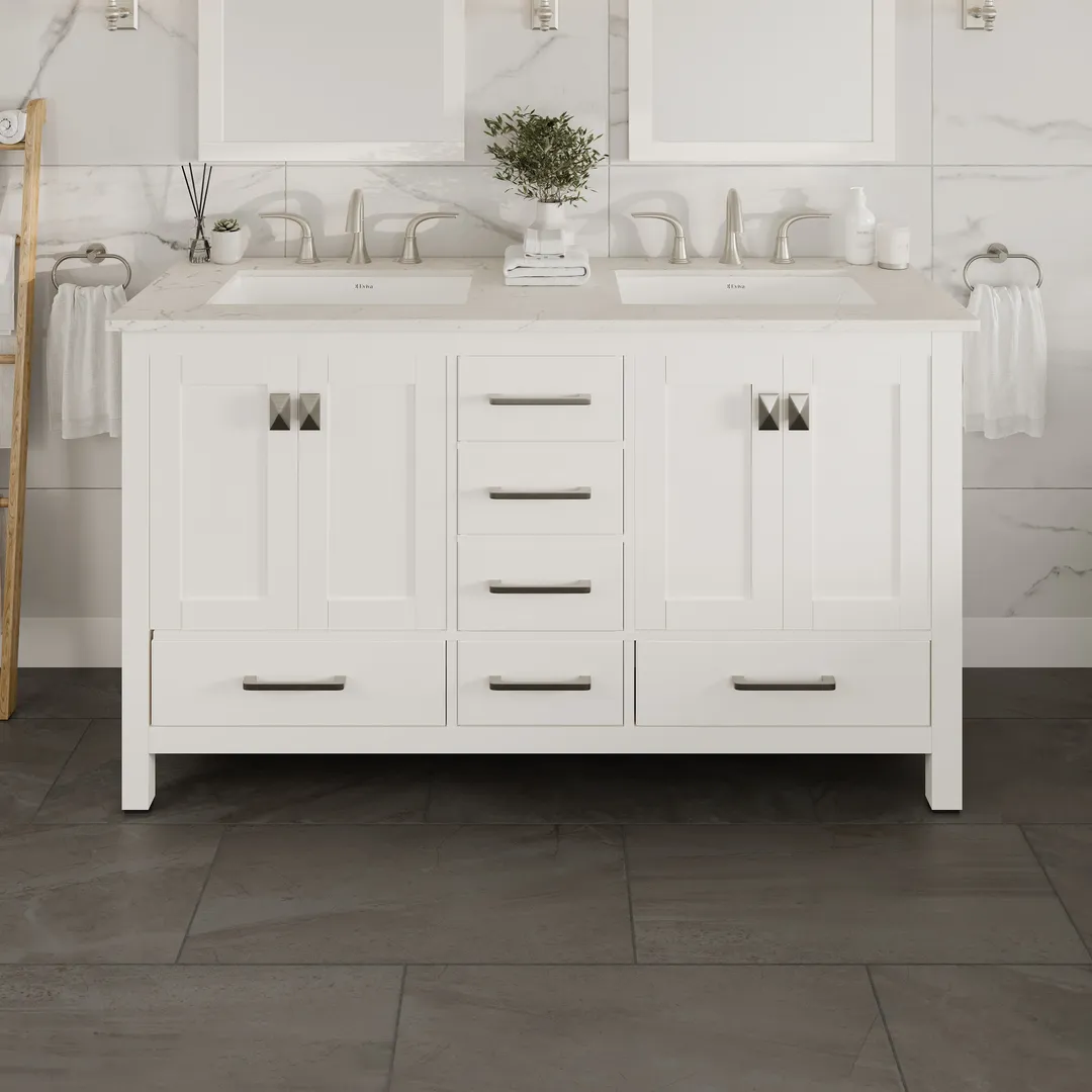 Eviva Aberdeen 60 in. W x 22 in. D x 34 in. H Double Sink Freestanding Bath Vanity in Blue with White Carrara Marble Top, photo 3 of 7