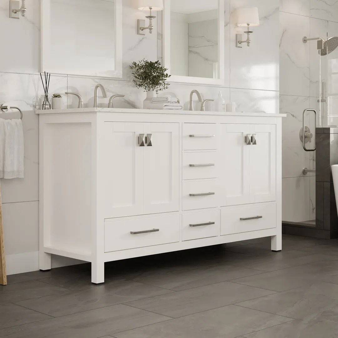 Eviva Aberdeen 60 in. W x 22 in. D x 34 in. H Double Sink Freestanding Bath Vanity in Blue with White Carrara Marble Top, photo 2 of 7