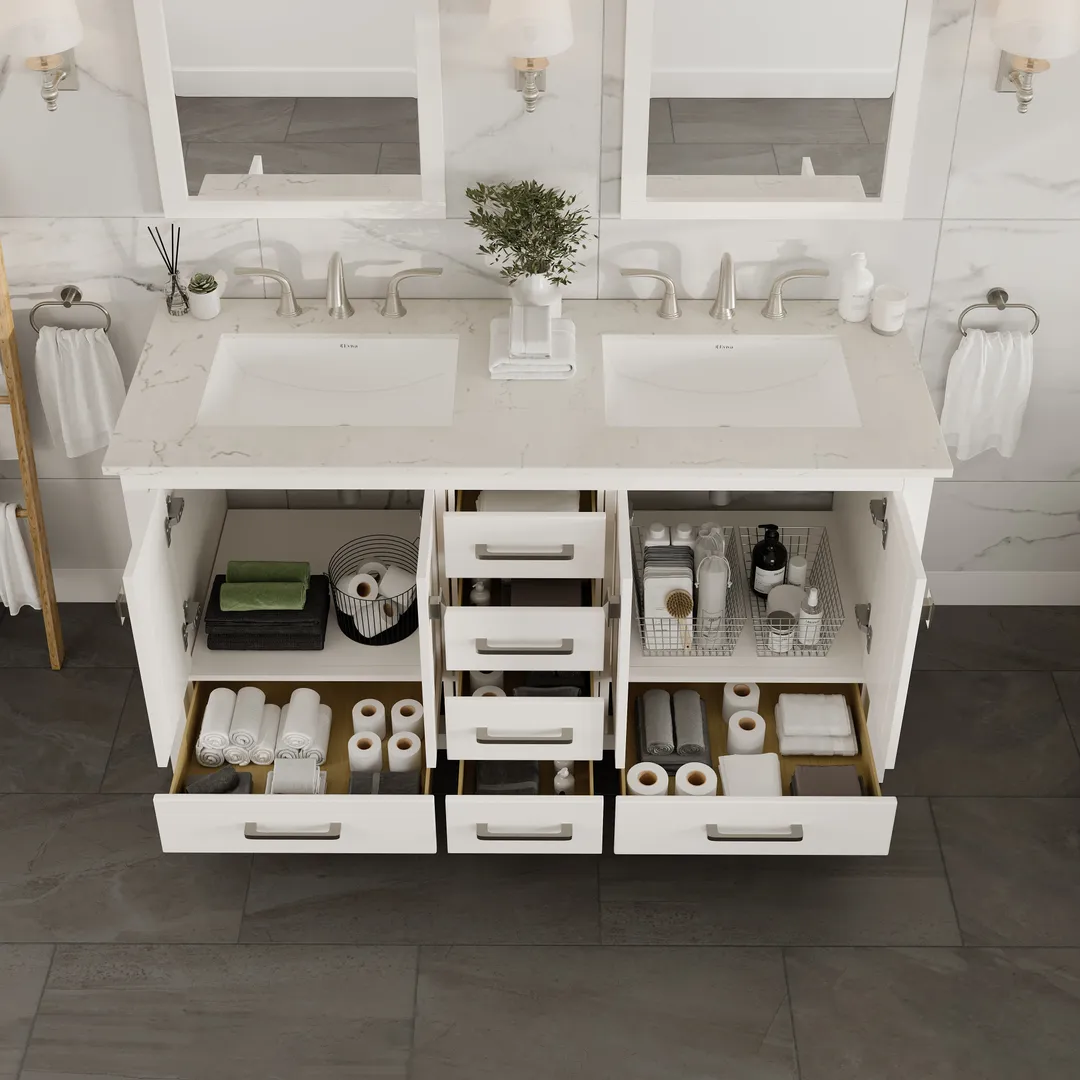 Eviva Aberdeen 60 in. W x 22 in. D x 34 in. H Double Sink Freestanding Bath Vanity in Blue with White Carrara Marble Top, photo 5 of 7