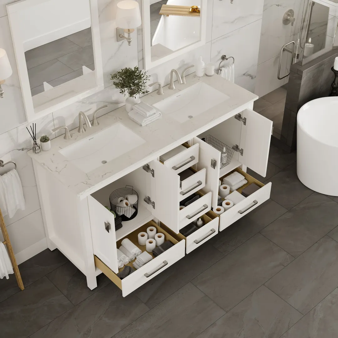 Eviva Aberdeen 60 in. W x 22 in. D x 34 in. H Double Sink Freestanding Bath Vanity in Blue with White Carrara Marble Top, photo 6 of 7
