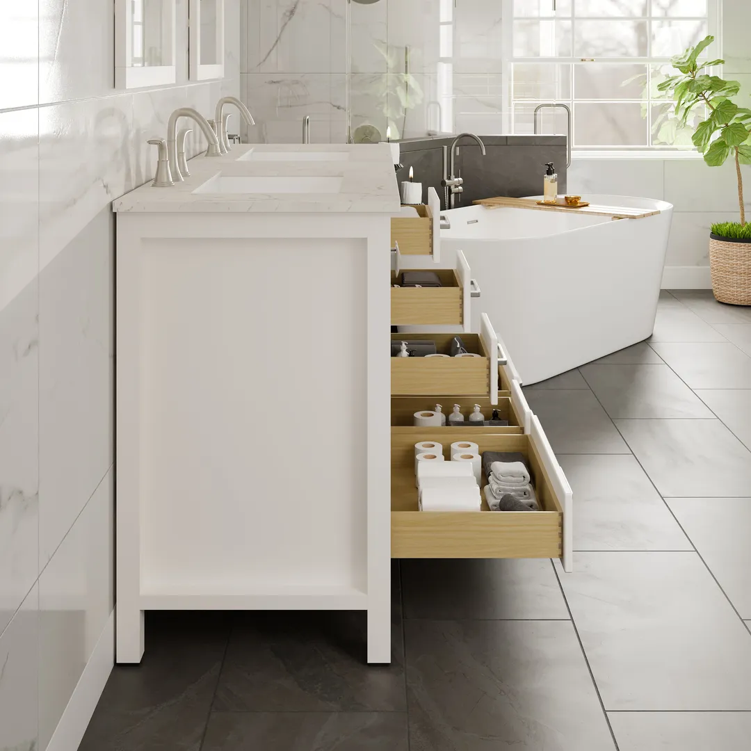Eviva Aberdeen 60 in. W x 22 in. D x 34 in. H Double Sink Freestanding Bath Vanity in Blue with White Carrara Marble Top, photo 4 of 7