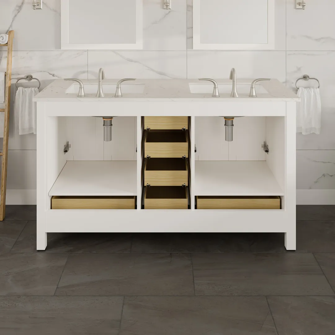 Eviva Aberdeen 60 in. W x 22 in. D x 34 in. H Double Sink Freestanding Bath Vanity in Blue with White Carrara Marble Top, photo 7 of 7