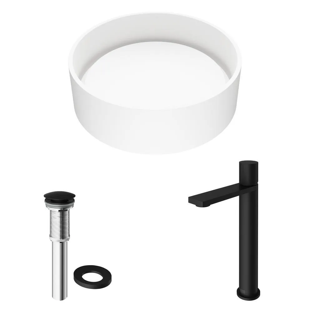 VIGO Matte Stone Round Vessel Bathroom Sink in White and Gotham Faucet in Matte Black, photo 2 of 9
