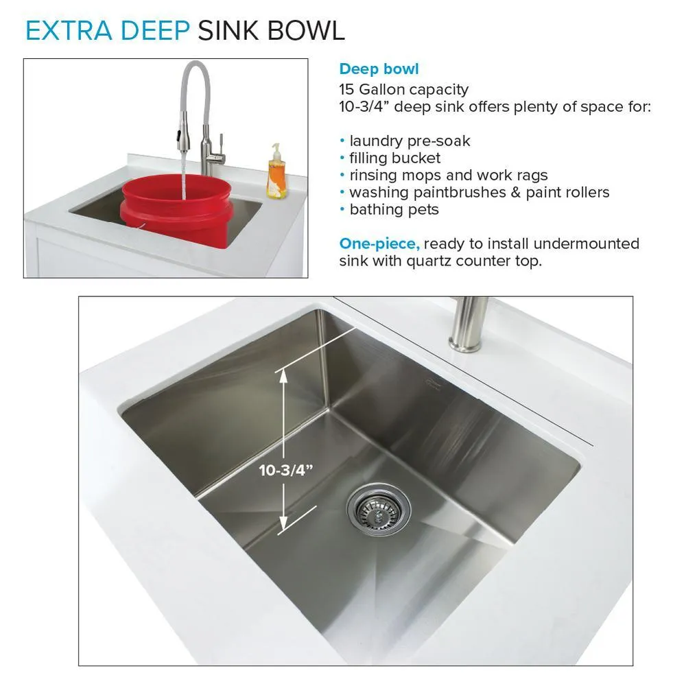 Transolid All-in-One 29 in. W x 25.5 in. D Stainless Steel Undermount Laundry/Utility Sink and White Cabinet with Quartz Top and Faucet, photo 11 of 20