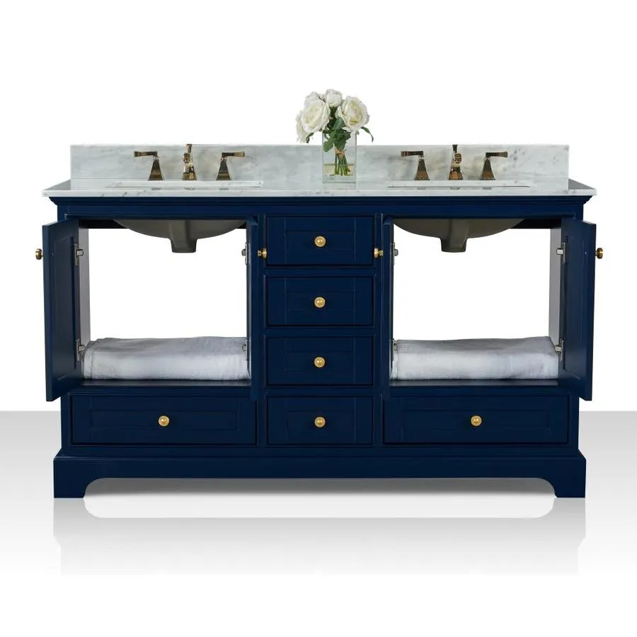 Ancerre Designs Audrey 60-in Heritage Blue Double Sink Bathroom Vanity with Carrara White Natural Marble Top, photo 3 of 7