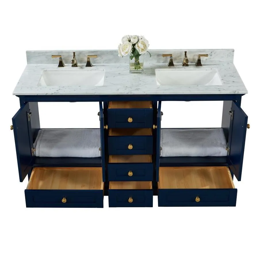 Ancerre Designs Audrey 60-in Heritage Blue Double Sink Bathroom Vanity with Carrara White Natural Marble Top, photo 4 of 7