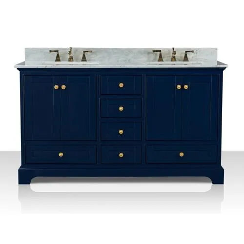 Ancerre Designs Audrey 60-in Heritage Blue Double Sink Bathroom Vanity with Carrara White Natural Marble Top, photo 7 of 7