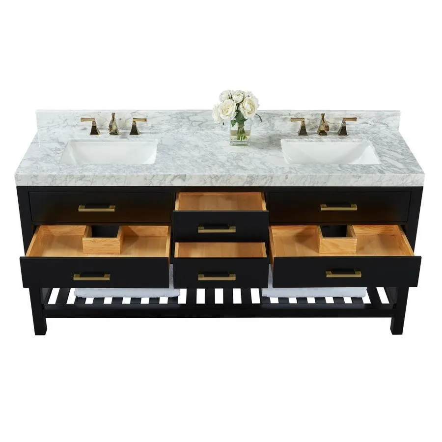Ancerre Designs Elizabeth 72-in Black Onyx Double Sink Bathroom Vanity with Carrara White Natural Marble Top, photo 3 of 7