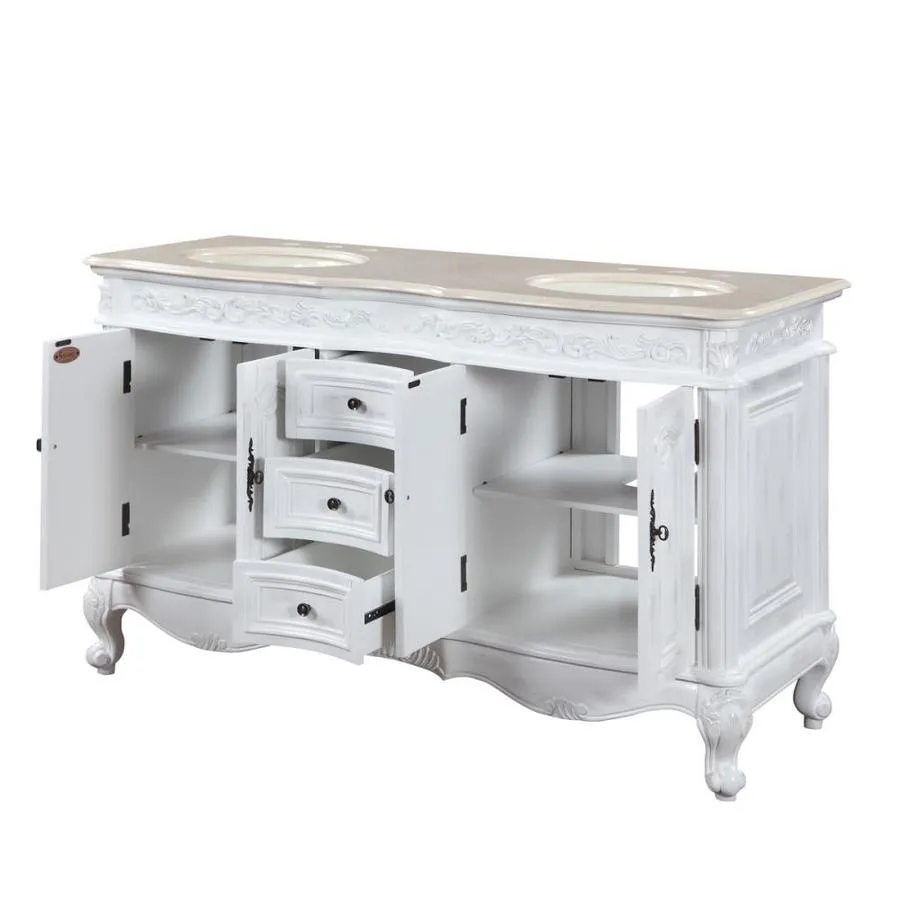Silkroad Exclusive 58-in Antique White Double Sink Bathroom Vanity with Crema Marfil Natural Marble Top, photo 2 of 8
