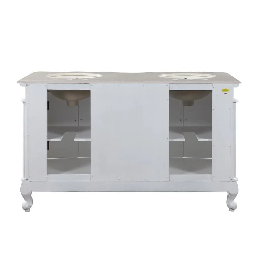 Silkroad Exclusive 58-in Antique White Double Sink Bathroom Vanity with Crema Marfil Natural Marble Top, photo 3 of 8