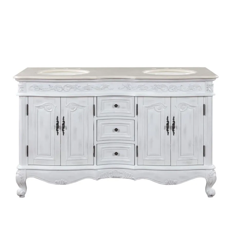 Silkroad Exclusive 58-in Antique White Double Sink Bathroom Vanity with Crema Marfil Natural Marble Top, photo 4 of 8