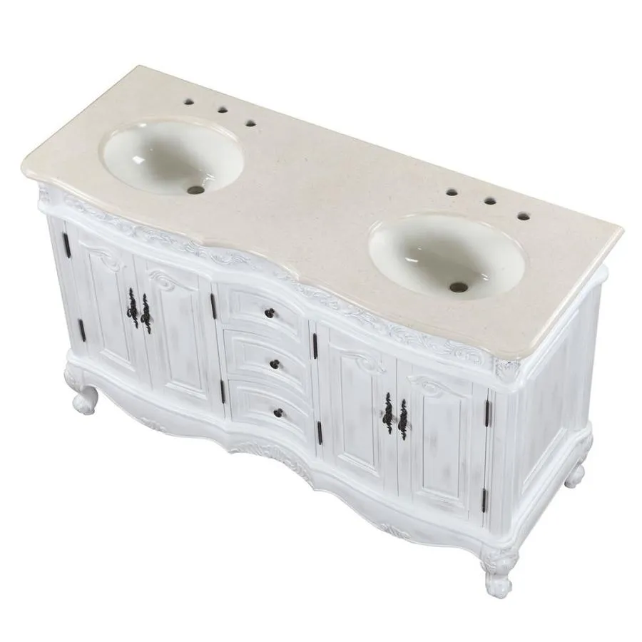 Silkroad Exclusive 58-in Antique White Double Sink Bathroom Vanity with Crema Marfil Natural Marble Top, photo 5 of 8