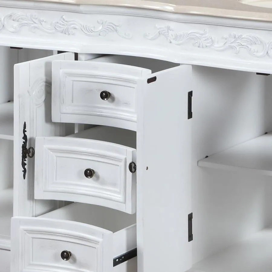 Silkroad Exclusive 58-in Antique White Double Sink Bathroom Vanity with Crema Marfil Natural Marble Top, photo 6 of 8