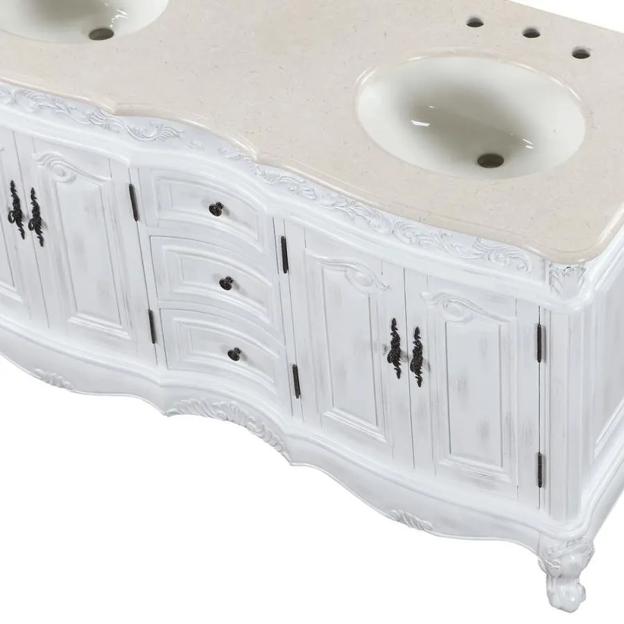 Silkroad Exclusive 58-in Antique White Double Sink Bathroom Vanity with Crema Marfil Natural Marble Top, photo 7 of 8