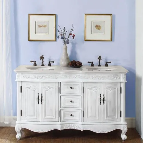 Silkroad Exclusive 58-in Antique White Double Sink Bathroom Vanity with Crema Marfil Natural Marble Top, photo 8 of 8