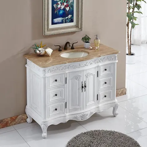48-in Antique White Single Sink Bathroom Vanity with Travertine Top