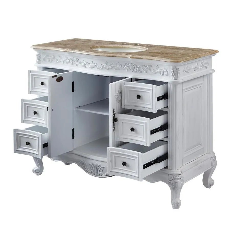 Silkroad Exclusive 48-in Antique White Single Sink Bathroom Vanity with Travertine Top, photo 2 of 8