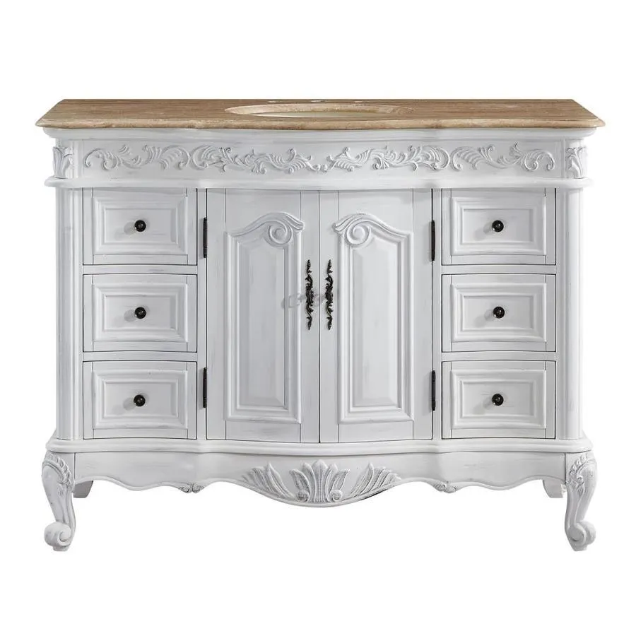 Silkroad Exclusive 48-in Antique White Single Sink Bathroom Vanity with Travertine Top, photo 4 of 8