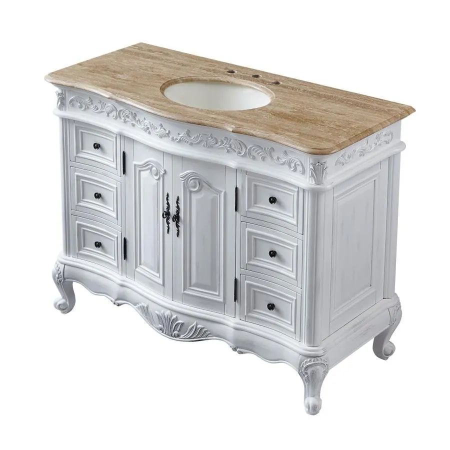 Silkroad Exclusive 48-in Antique White Single Sink Bathroom Vanity with Travertine Top, photo 5 of 8