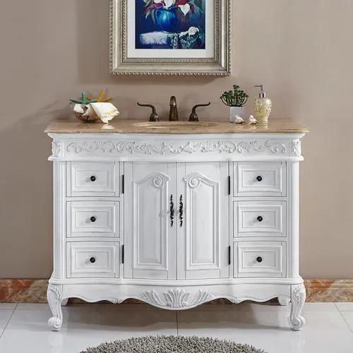 Silkroad Exclusive 48-in Antique White Single Sink Bathroom Vanity with Travertine Top, photo 8 of 8