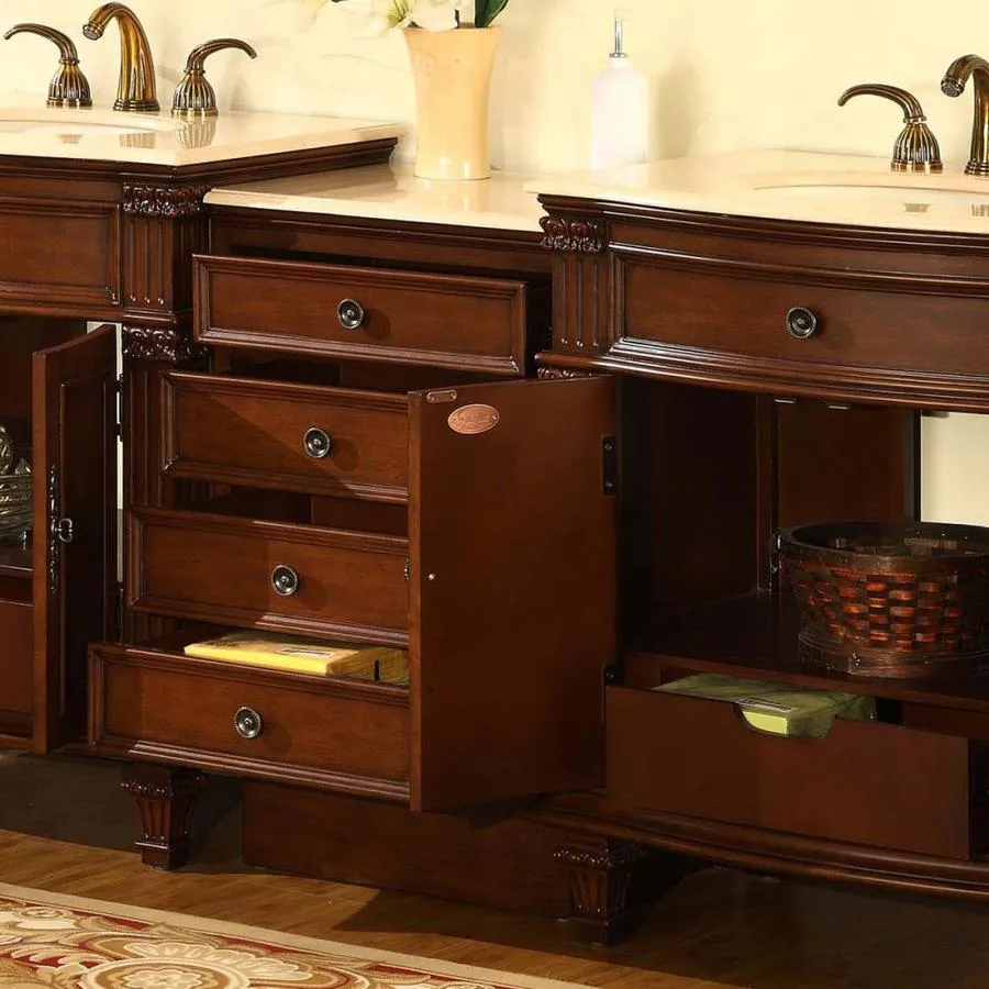 Silkroad Exclusive 80-in Cherry Double Sink Bathroom Vanity with Crema Marfil Natural Marble Top, photo 2 of 4