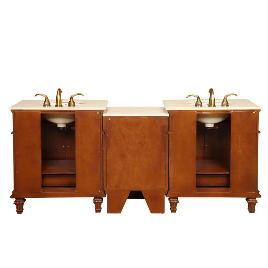 Silkroad Exclusive 80-in Cherry Double Sink Bathroom Vanity with Crema Marfil Natural Marble Top, photo 3 of 4