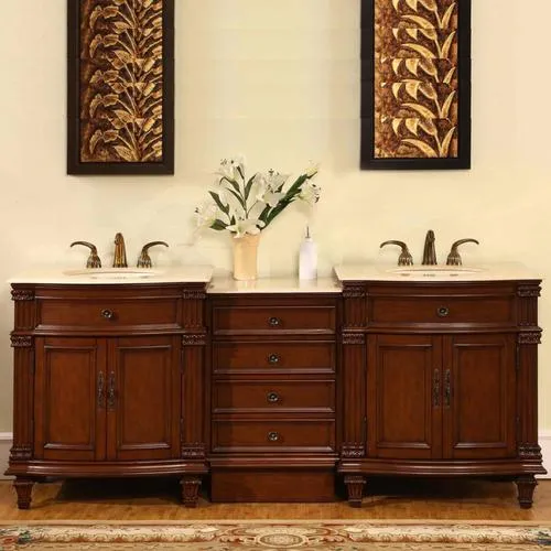 Silkroad Exclusive 80-in Cherry Double Sink Bathroom Vanity with Crema Marfil Natural Marble Top, photo 4 of 4