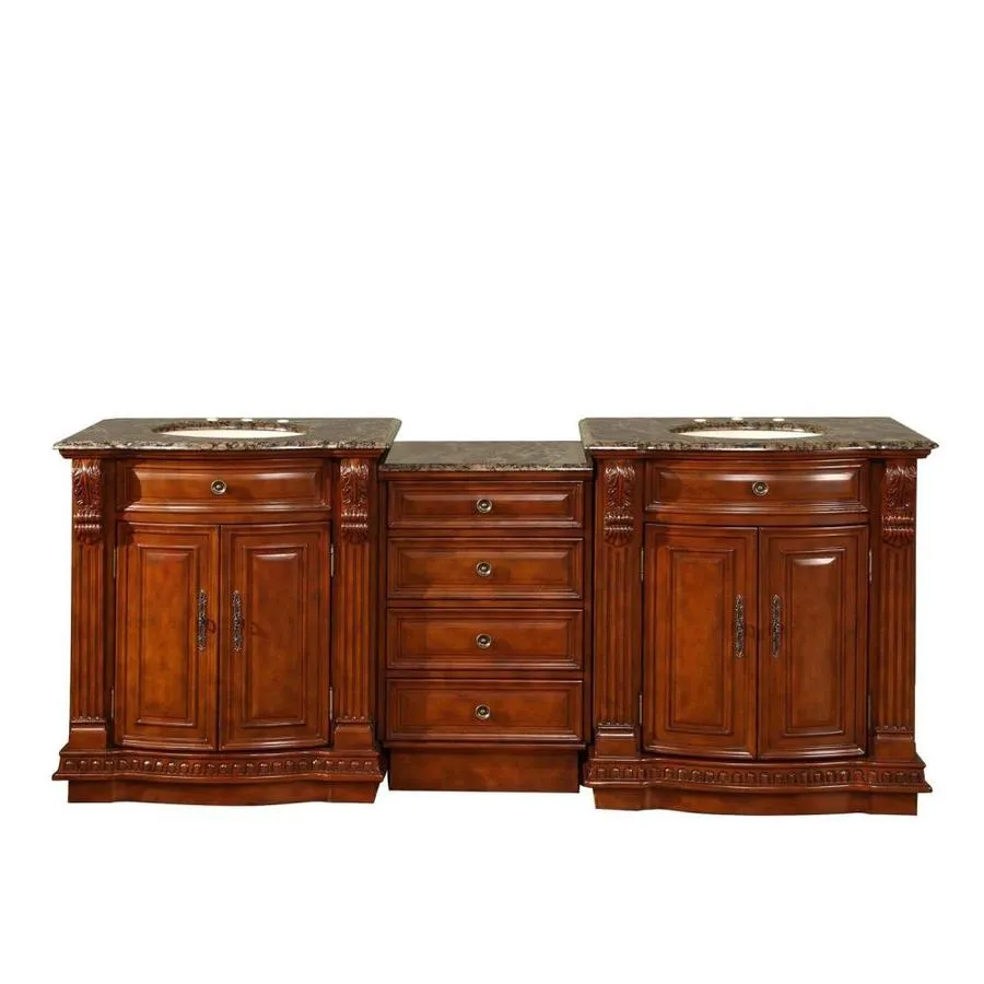 Silkroad Exclusive 84.5-in Cherry Double Sink Bathroom Vanity with Baltic Brown Granite Top, photo 4 of 5