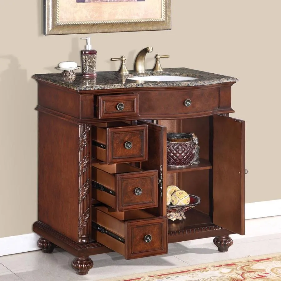 Silkroad Exclusive 36-in English Chestnut Single Sink Bathroom Vanity with Baltic Brown Granite Top, photo 2 of 7