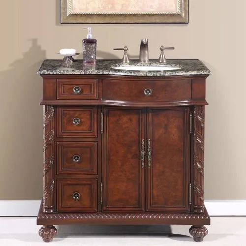 Silkroad Exclusive 36-in English Chestnut Single Sink Bathroom Vanity with Baltic Brown Granite Top, photo 7 of 7