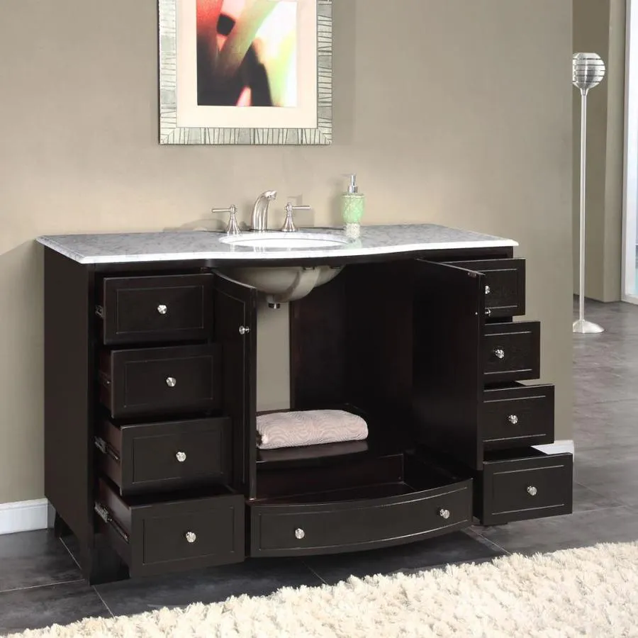 Silkroad Exclusive 55-in Dark Espresso Single Sink Bathroom Vanity with Carrara White Natural Marble Top, photo 2 of 7