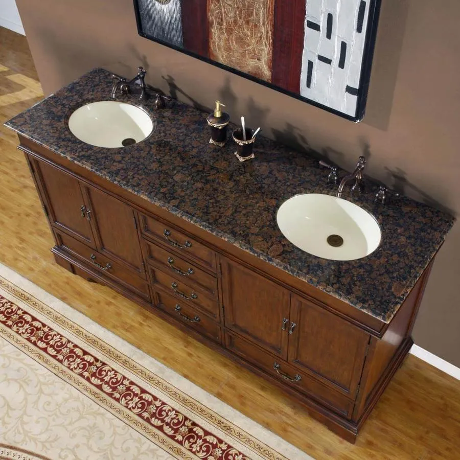 Silkroad Exclusive 72-in Red Chestnut Double Sink Bathroom Vanity with Baltic Brown Granite Top, photo 2 of 5