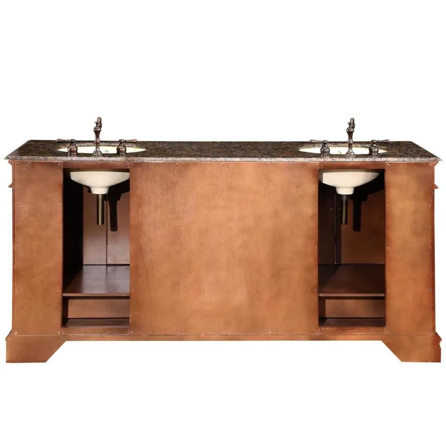 Silkroad Exclusive 72-in Red Chestnut Double Sink Bathroom Vanity with Baltic Brown Granite Top, photo 3 of 5