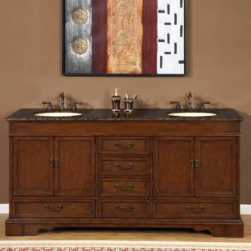 Silkroad Exclusive 72-in Red Chestnut Double Sink Bathroom Vanity with Baltic Brown Granite Top, photo 5 of 5