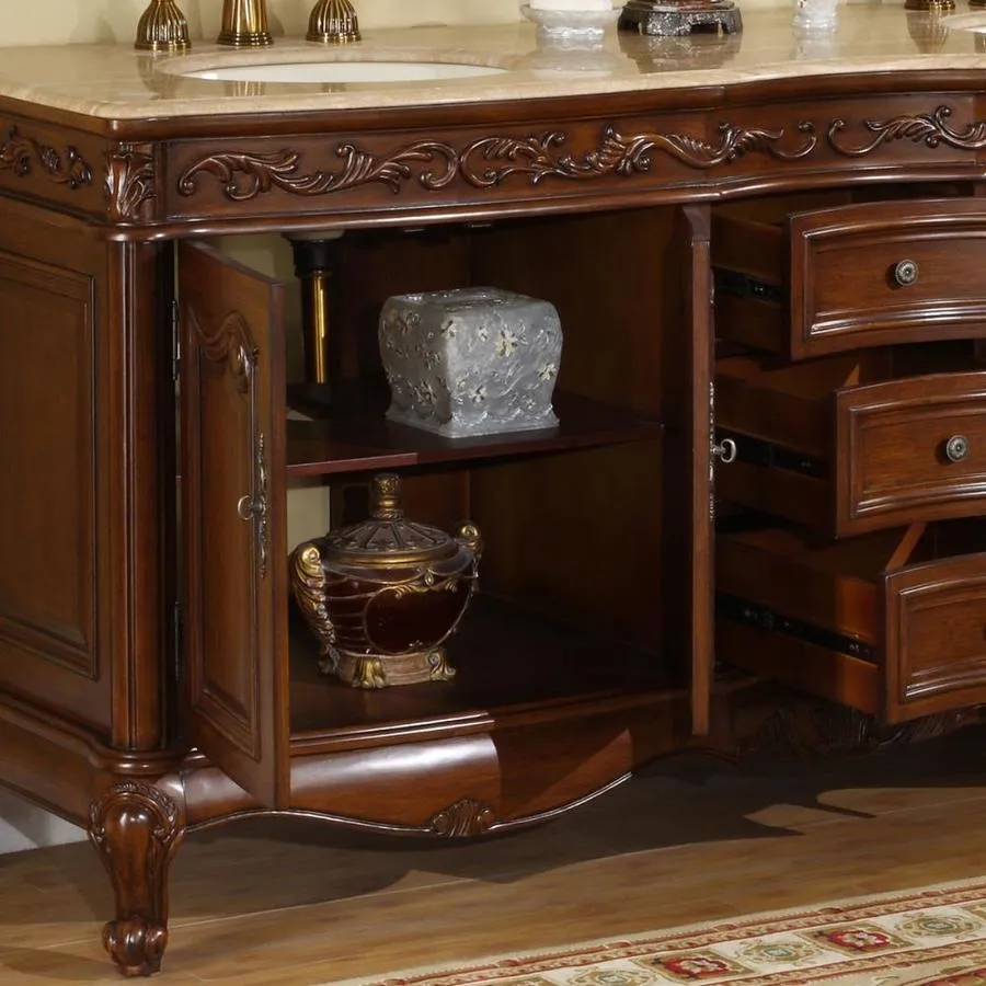 Silkroad Exclusive 72-in English Chestnut Double Sink Bathroom Vanity with Travertine Top, photo 2 of 5