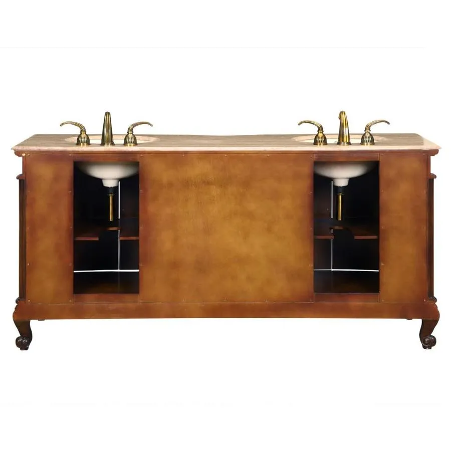 Silkroad Exclusive 72-in English Chestnut Double Sink Bathroom Vanity with Travertine Top, photo 3 of 5