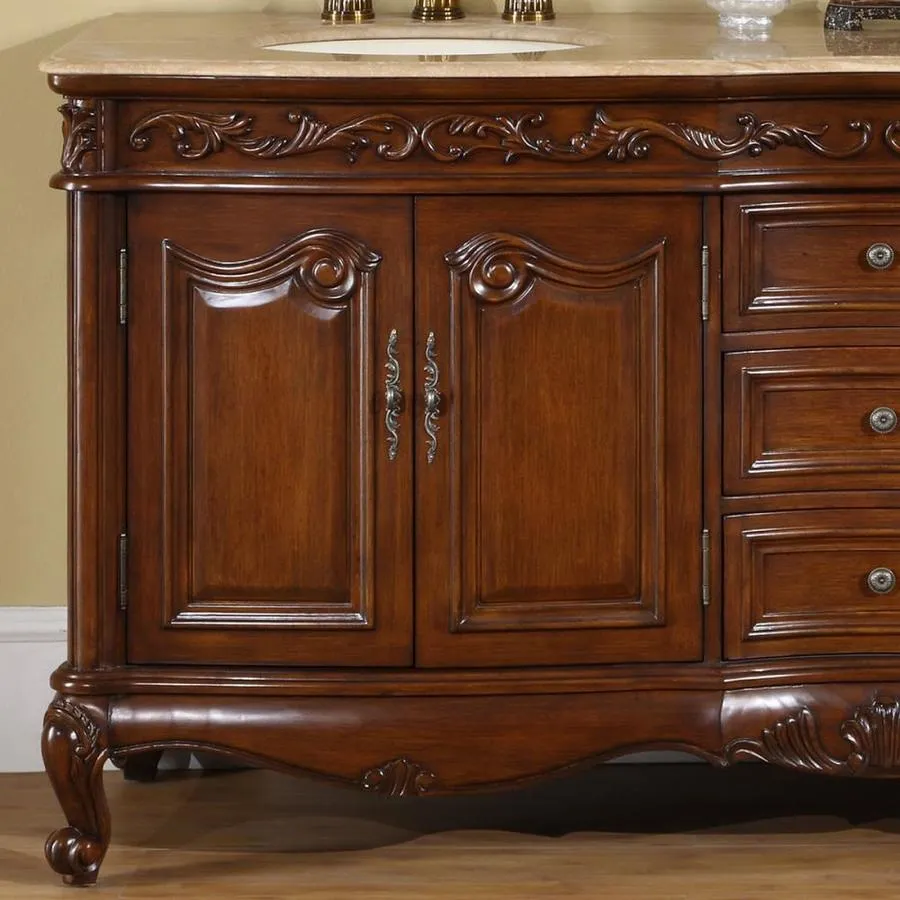 Silkroad Exclusive 72-in English Chestnut Double Sink Bathroom Vanity with Travertine Top, photo 4 of 5