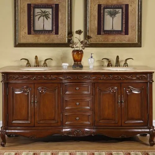 Silkroad Exclusive 72-in English Chestnut Double Sink Bathroom Vanity with Travertine Top, photo 5 of 5