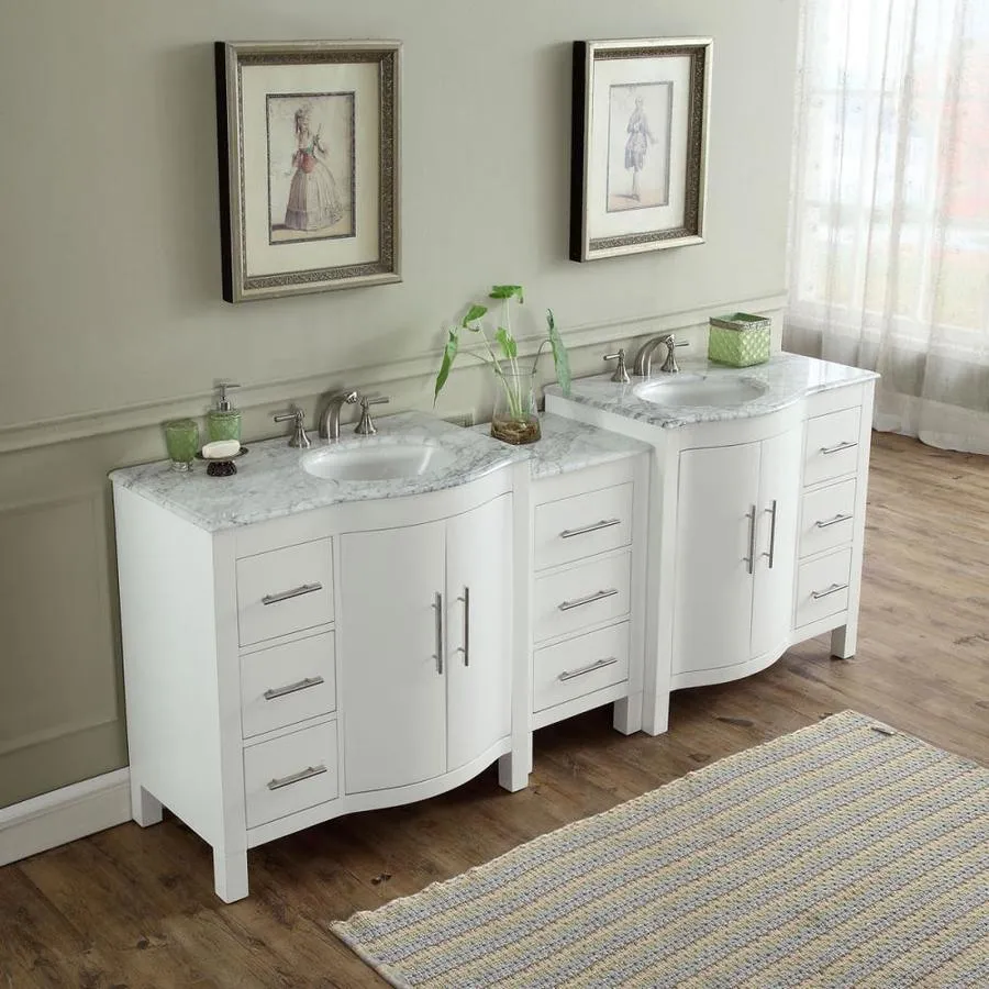 Silkroad Exclusive 89-in White Double Sink Bathroom Vanity with Carrara White Natural Marble Top, photo 3 of 6