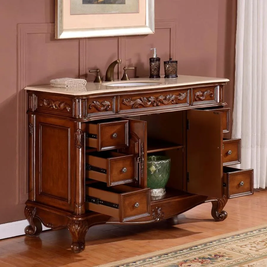 Silkroad Exclusive 48-in English Chestnut Single Sink Bathroom Vanity with Crema Marfil Natural Marble Top, photo 2 of 8