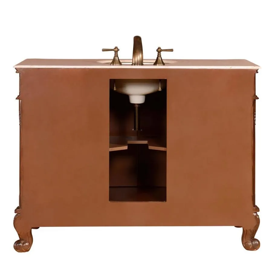 Silkroad Exclusive 48-in English Chestnut Single Sink Bathroom Vanity with Crema Marfil Natural Marble Top, photo 3 of 8
