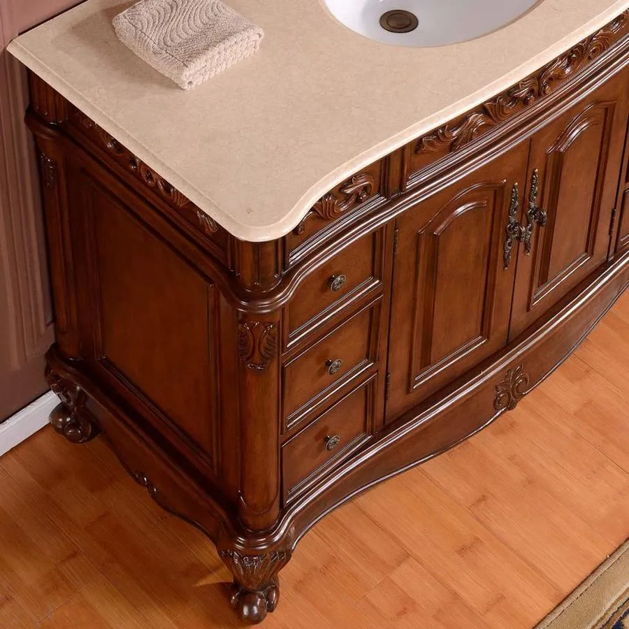 Silkroad Exclusive 48-in English Chestnut Single Sink Bathroom Vanity with Crema Marfil Natural Marble Top, photo 4 of 8