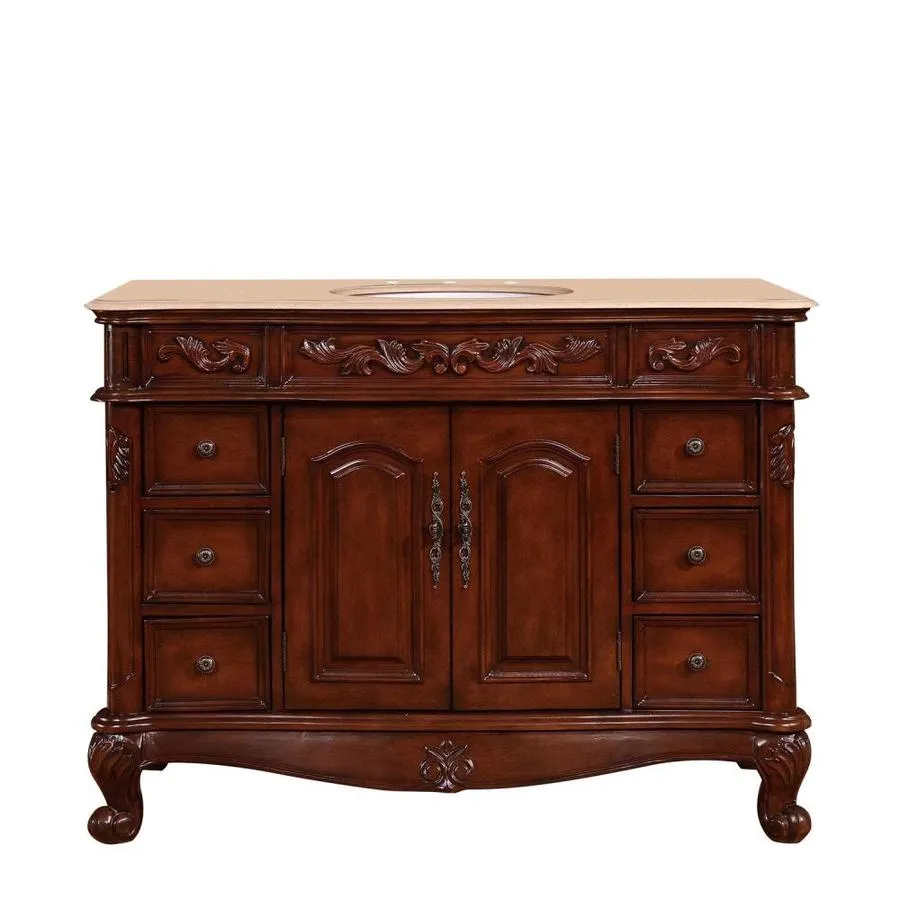 Silkroad Exclusive 48-in English Chestnut Single Sink Bathroom Vanity with Crema Marfil Natural Marble Top, photo 6 of 8