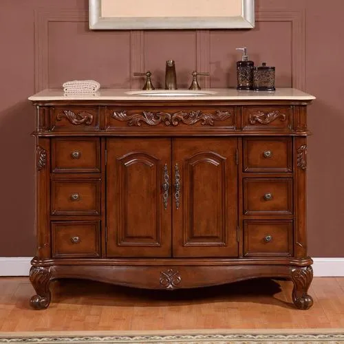 Silkroad Exclusive 48-in English Chestnut Single Sink Bathroom Vanity with Crema Marfil Natural Marble Top, photo 7 of 8